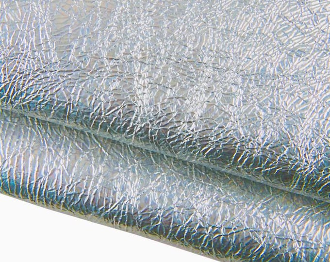 Silver IRIDESCENT leather skin, metallic crackled wrinkled goatskin, sparkle soft hide 0.9 - 1.1 mm for diy projects B17348-MT La Garzarara
