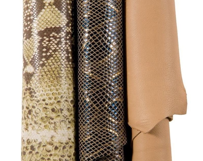 Neutral PYTHON embossed leathers, beige snake textured leather hides and skins, shiny reptile pattern  leather B17026-MT(ST) La Garzarara