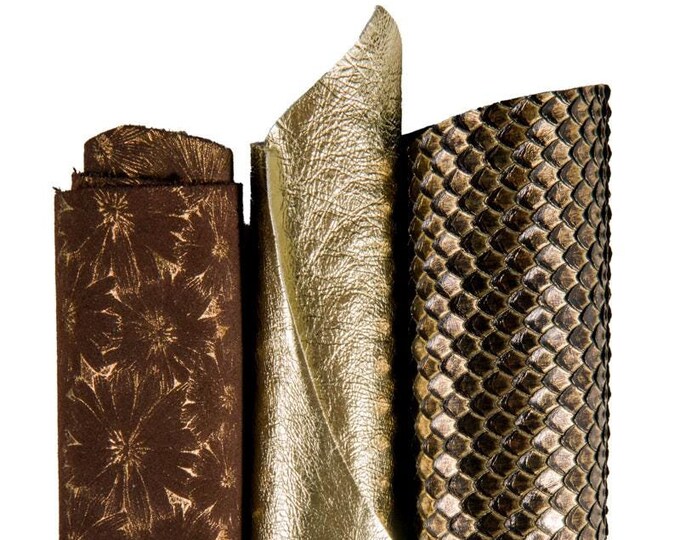 Boundle of 3 GOLD brown leather skins, assortment of metallic printed soft goatskins as per picture B16758-MT(ST) La Garzarara