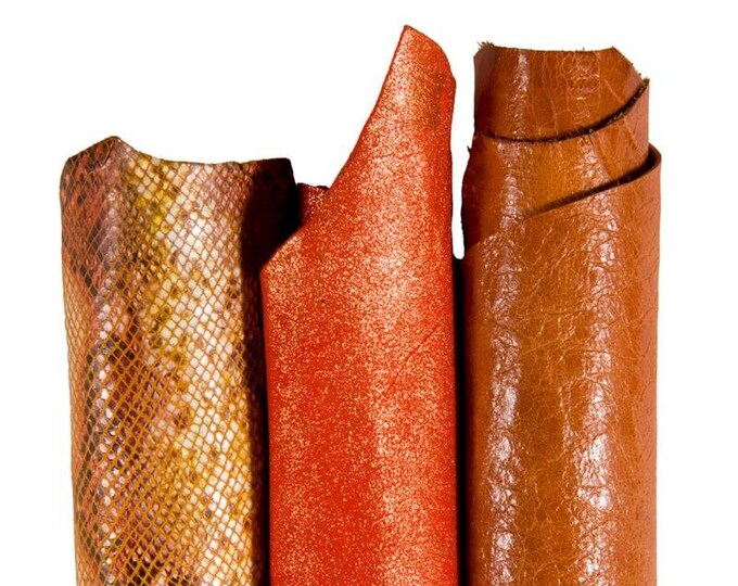 BOUNDLE of matching leather skins, ORANGE tan tones, sporty goatskin and glitter metallic suede hide B17122-MT La Garzarara