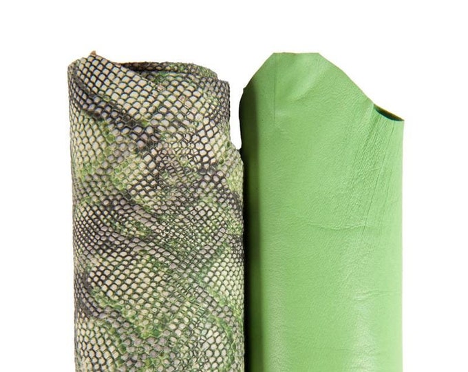 GREEN luxury leather boundle, 2 matching goatskins, 1 smooth sheepskin and PYTHON printed hides, top quality B16970-ST La Garzarara