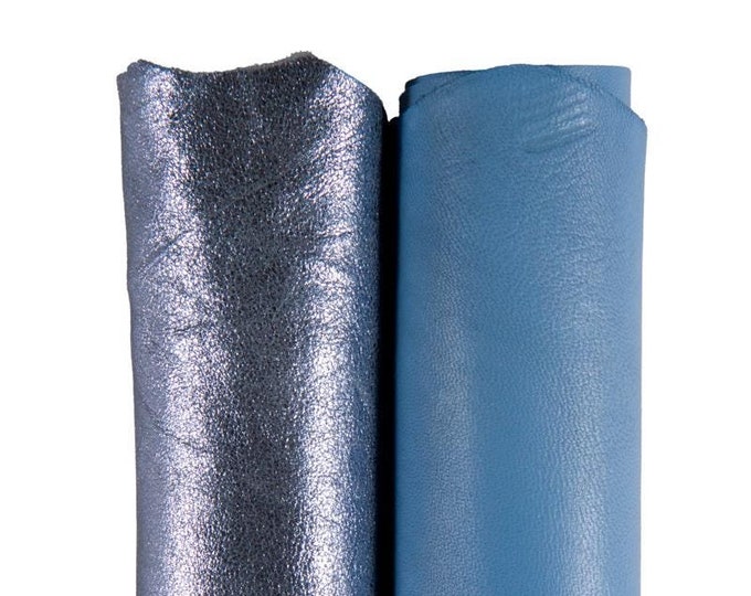 Boundle of 2 light BLUE luxurious leather skins, premium metallic suede goatskin and soft smooth nappa lambskin B16978-MT La Garzarara