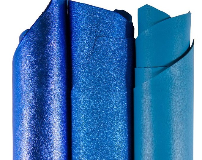 3 BLUE matching leather skins, bolundle of top quality italian hides, 2 metallic goatskins and 1 soft nappa lambskin B16982-MT La Garzarara