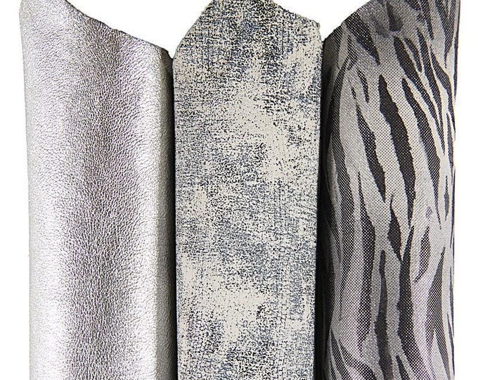 Metallic SILVER leather hide lot, small stock shiny laminated skins, zebra pattern fashion leather B17020-MT(ST)