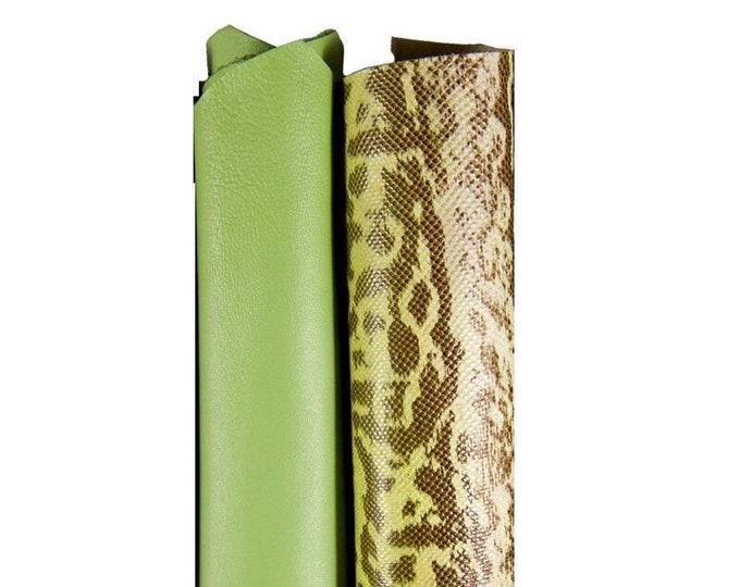 Set of 2 GREEN matching leather skins, top quality italian hides, nappa sheepskin and PYTHON printed cowhide for diy projects B16971-ST