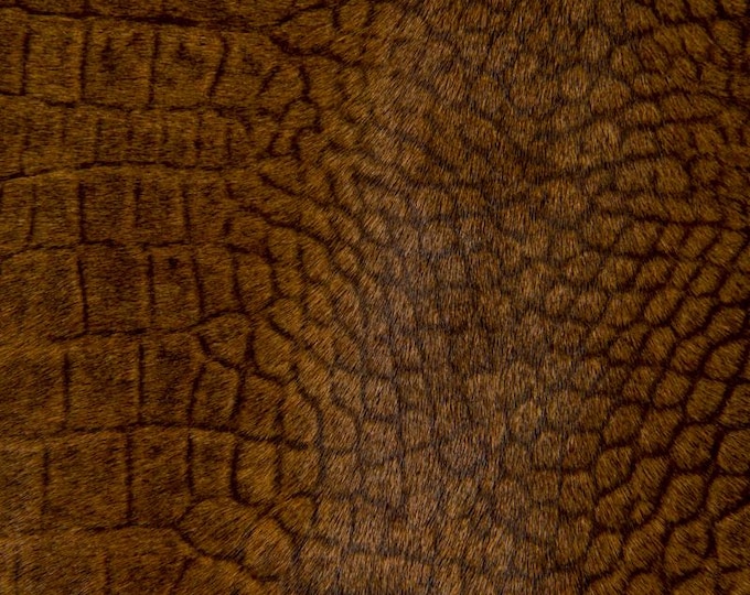 Brown CROCODILE textured hair on leather hide, animal croc printed aged HAIRY cowhide B17099-CV La Garzarara