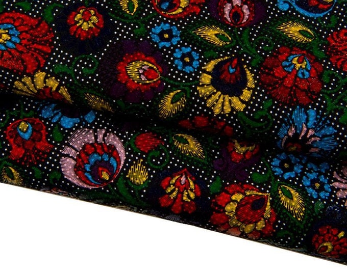Multicolor FLORAL textured leather skin, COLORFUL glossy flower print on black suede goatskin, ideal for diy projects B17066-ST La Garzarara