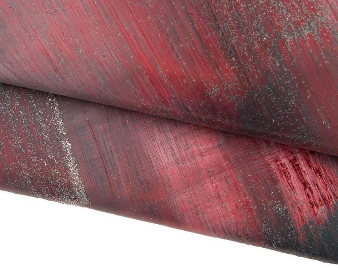 Metallic GLITTER leather skin, red black laminated goatskin, hand painted brushstroke pattern on hide B16946-DM La Garzarara