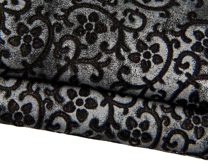 FLORAL printed leather skin, black grey CARVED suede goatskin, flower pattern on soft aged distressed hide B17112-ST La Garzarara
