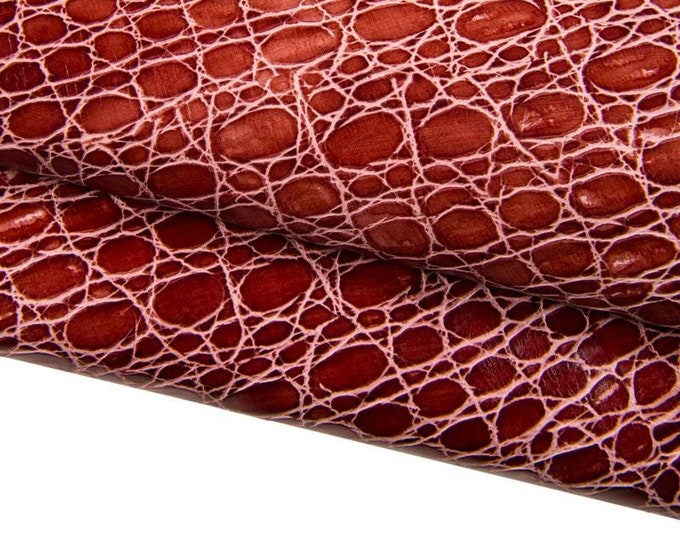 Burgundy red CROCODILE embossed cowhide leather, glossy stiff calfskin vintage AGED hide B17040-ST La Garzarara