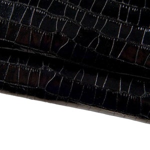 Black CROCODILE embossed cowhide, glossy stiff animal printed leather hide, genuine italian calfskin for elegant products B16984-TB