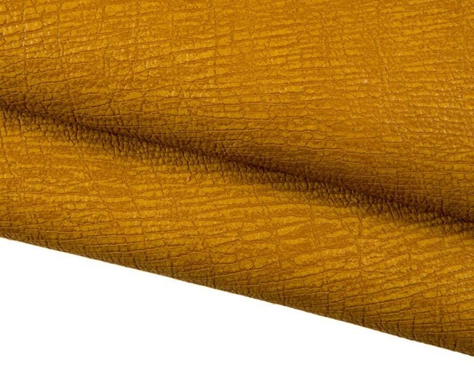 Rustic ELEPHANT like embossed leather hide, ochre yellow brown soft animal printed cowhide, VINTAGE light brown calfskin B16983-VT