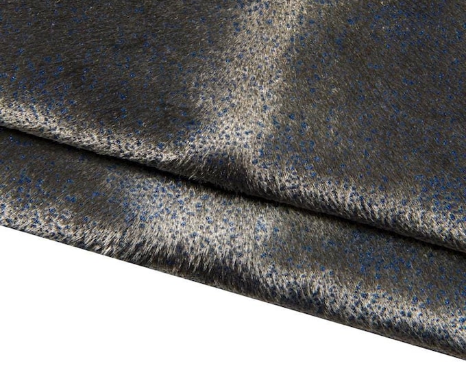 METALLIC hair on leather hide, blue GLITTER print on steel metal pony calfskin, luxurious hairy cowhide for crafting B17098-CV La Garzarara