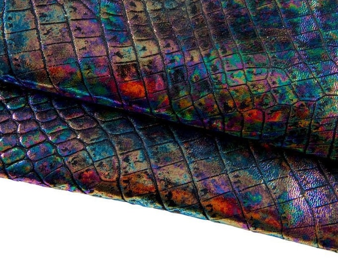HOLOGRAPHIC CROCODILE embossed leather hide, croc metallic cowhide, iridescent calfskin B17081-MT(st) La Garzarara
