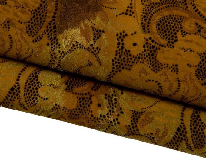 FLORAL printed hair on leather hide, brown green PERFORATED pony calfskin flower texture on hairy cowhide B17043-CV La Garzarara
