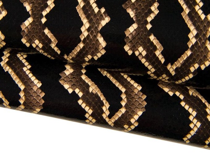 PYTHON textured glossy leather hide, black brown beige reptile printed cowhide, snake pattern on calfskin, medium softness B17106-ST