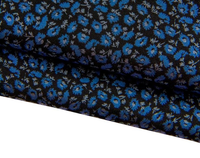 FLORAL textured leather skin, blue silver flower print on black base goatskin, ideal for diy projects B17067-MT(ST) La Garzarara