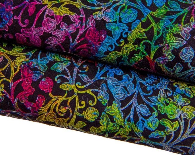 Multicolor FLORAL textured leather skin, colorful flower print on black suede goatskin, ideal for crafting B17088-ST La Garzarara