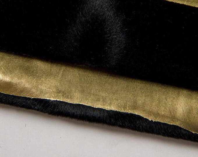 Hair on leather hide with maxi ZEBRA print, GOLD animal texture on black pony calfskin B17092-CV La Garzarara