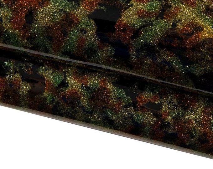 CAMOUFLAGE printed GLITTER leather hide, multicolor metallic patent cowhide, glossy stiff textured calfskin, 1.1 - 1.3 mm B16770-MT(st)