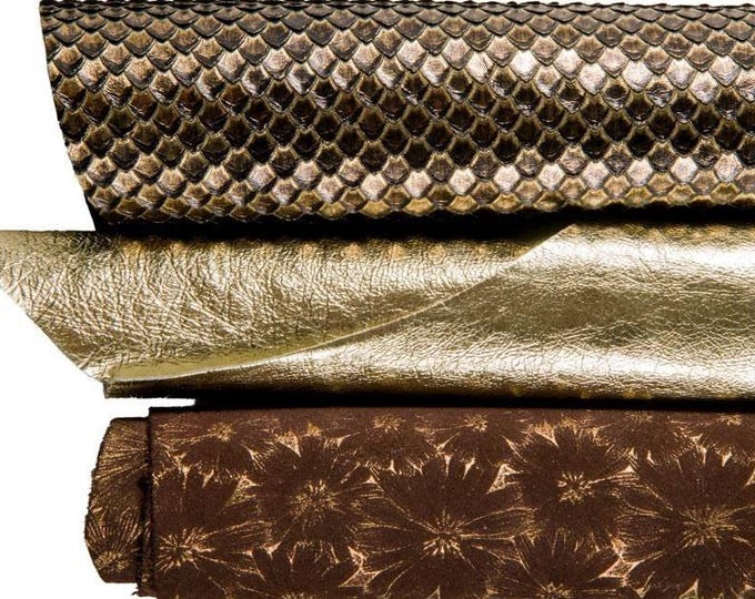 Gold metallic leather hides glossy finish, reptile textured and printed leather skin warm bronze tone as per picture B16758-MT(ST) Garzarara