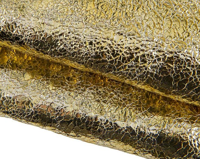 Gold CRACKLE printed leather skin, soft metallic goatskin, golden hide for crafting B17324-MT La Garzarara
