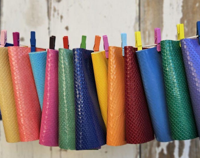 10 Colorful Printed Leather Scraps RANDOM selection, bright and solid colors, PYTHON  printed leather scraps  6x5" / 15x12 cm  RT351