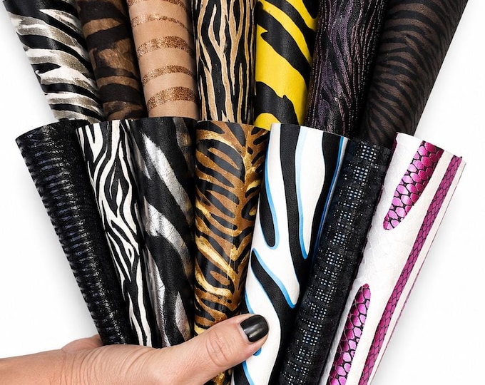 Zebra Print Leather Scraps, Fine and Bold Stripe Remnants, Colorful Animal Print Offcuts for Jewelry and Crafts 6x5"    RT326  La Garzarara