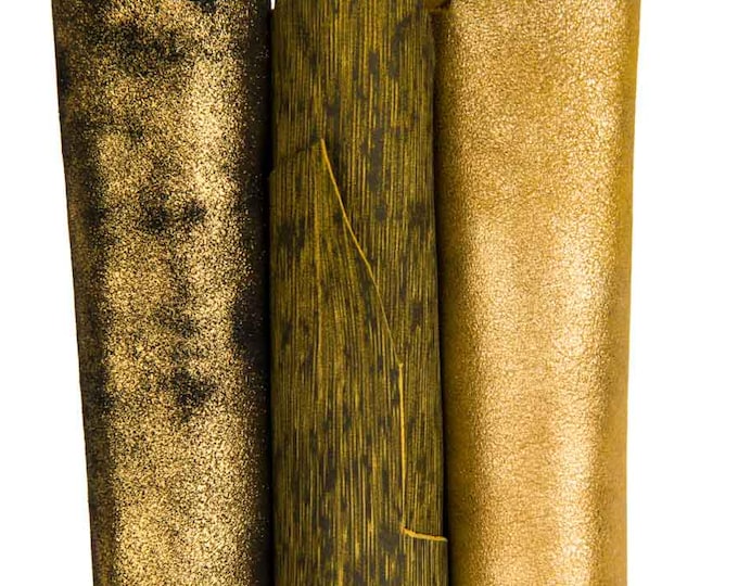 3 yellow - gold matching leather skins as per picture: metallic, PRINTED SUEDE soft goatskins for diy projects B18306-MT(st) La Garzarara