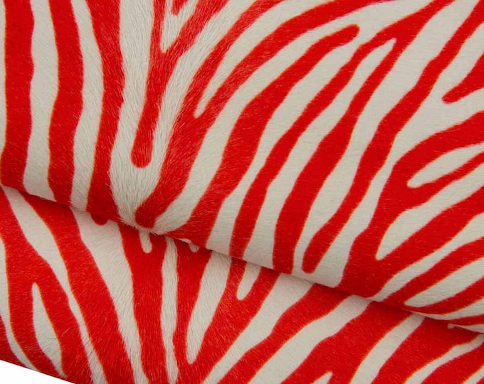 ZEBRA textured hair on leather hide, red- white animal print on hairy cowhide, elegant PONY leather for crafting B19377-CV La Garzarara