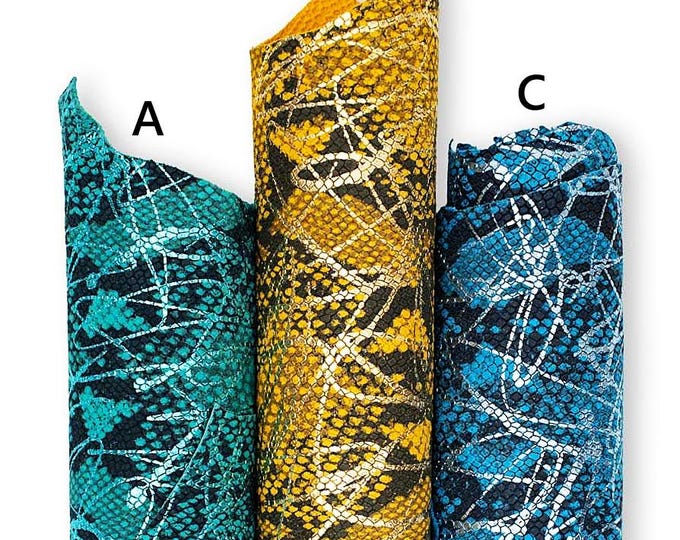 PYTHON textured leather skin, green, yellow, blue reptile printed goatskin with metallic pattern, soft SNAKESKIN B19490-MT(st) La Garzarara