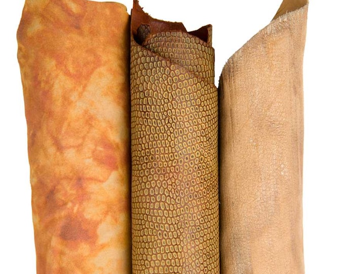 Beige - YELLOW - ORANGE leathers - stock of 3:  1 sporty tie die goatskin - 1 lizard printed skin - 1 metallic suede hide B18308-MT(st)