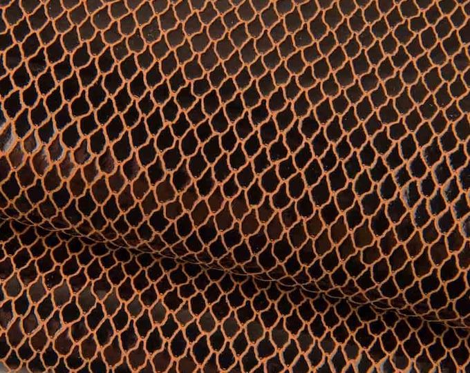 Black - orange METALLIC REPTILE printed leather hide, glossy soft snake textured calfskin, ideal for hobbyists B19473-MT(st) La Garzarara