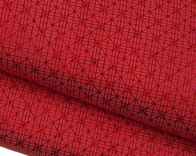 Bundle of 4 RED metallic leather skins, GEOMETRICAL printed suede goatskins, sparkle textured hides for hobbyists B19403-MT(st)