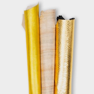 Conjunto de 3 couros GOLD, laminados em pele de cabra, com estampas variadas, brilhantes, selecionados para projetos DIY B19511-MT(st) La Garzarara