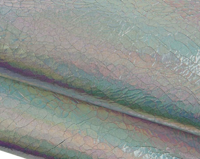 Silver IRIDESCENT metallic leather skin, holographic CRACKLED printed goatskin - glossy bright soft hide B19424-MT(st) La Garzarara