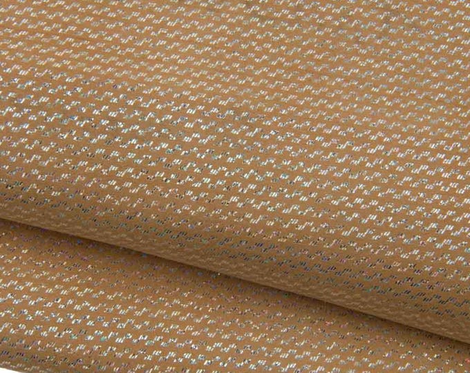 Set of 2 HOLOGRAPHIC METALLIC printed goatskins, light gold geometrical texture on beige suede leather skin B19465-MT(st) La Garzarara