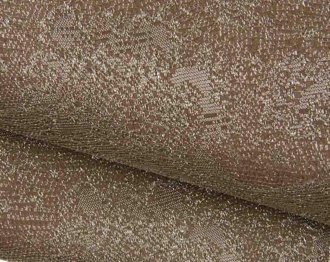 LACE printed leather skin, brown goatskin matched to light gold GLITTER fabric, metallic material for hobbyists B19407-MT(st) La Garzarara