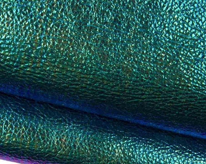 Green - blue IRIDESCENT METALLIC leather hide, pebble grain printed cowhide, bright soft calfskin B19375-MT(st) La Garzarara