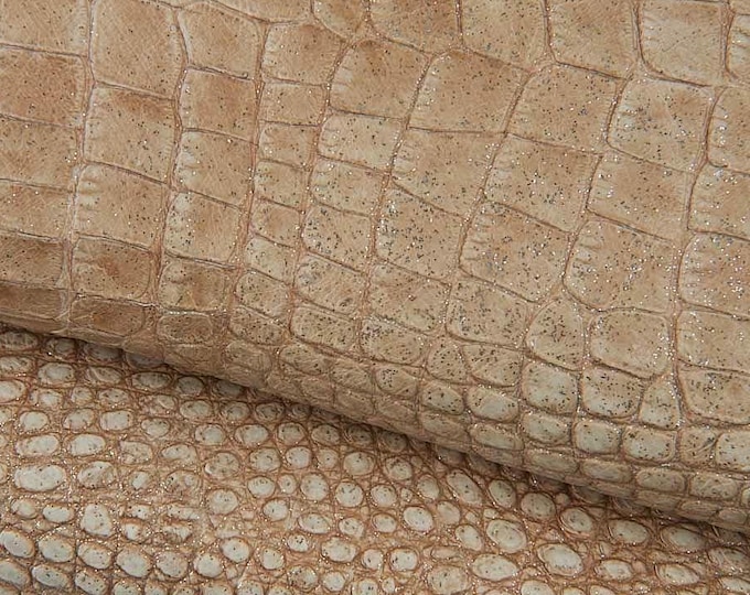 Beige CROCODILE embossed leather skin, alligator printed goatskin with silver GLITTER B19312-ST La Garzarara