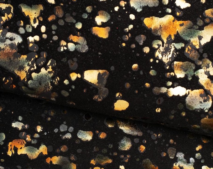 METALLIC textured suede leather skin, gold IRIDESCENT splash print on black goatskin, bright, soft hide  B19548-MT(st) La Garzarara