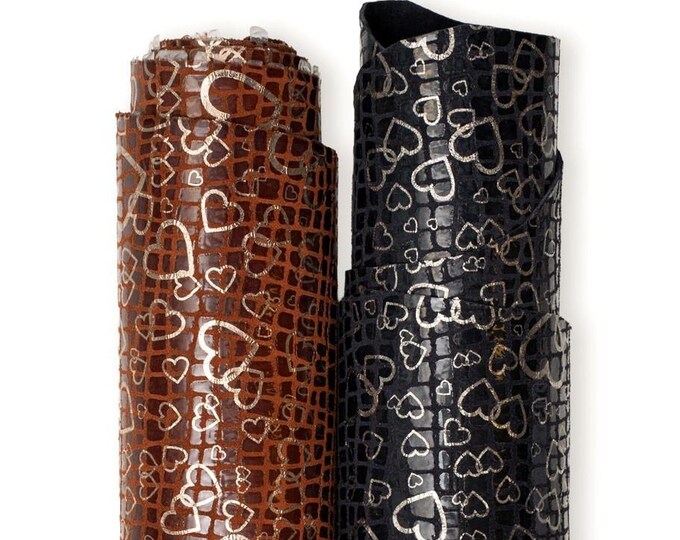 HEART textured leather hide, brown / black reptile printed calfskin with METALLIC print, soft hide for crafters B19441-MT(st) La Garzarara