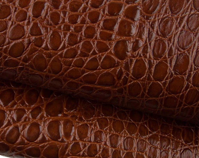 Brown CROCODILE EMBOSSED leather hide, alligator printed glossy cowhide, genuine calfskin for bags crafting B19308-ST La Garzarara
