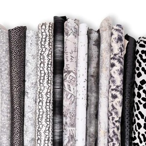 Può includere: Una collezione di undici rotoli di tessuto verticali con vari motivi monocromatici, tra cui stampa leopardata in bianco e nero, texture in pelle di serpente, marmorizzazione grigia astratta, disegni finemente maculati e un rotolo bianco con testo nero.
