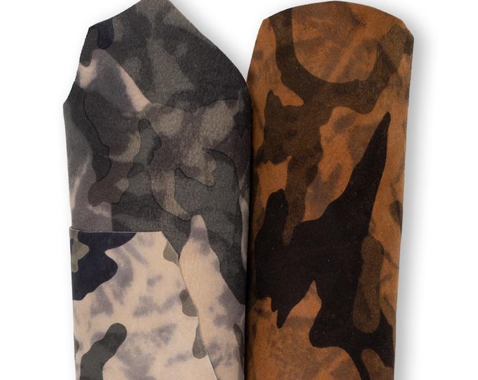 CAMOUFLAGE textured leather hide, tan beige/brown printed SUEDE goatskin hide, mimetic pattern on soft leather  B19177-ST La Garzarara