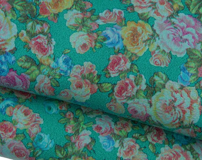 MULTICOLOR FLORAL textured goatskin, colorful flower print on green leather skin, glossy, soft, ideal for hobbysists B19393-ST La Garzarara