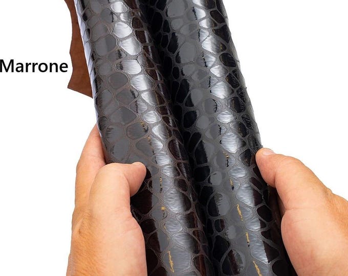 Brown - black CROCODILE printed leather skins, alligator embossed goatskins, GLOSSY soft hides for crafters B19738-ST La Garzarara