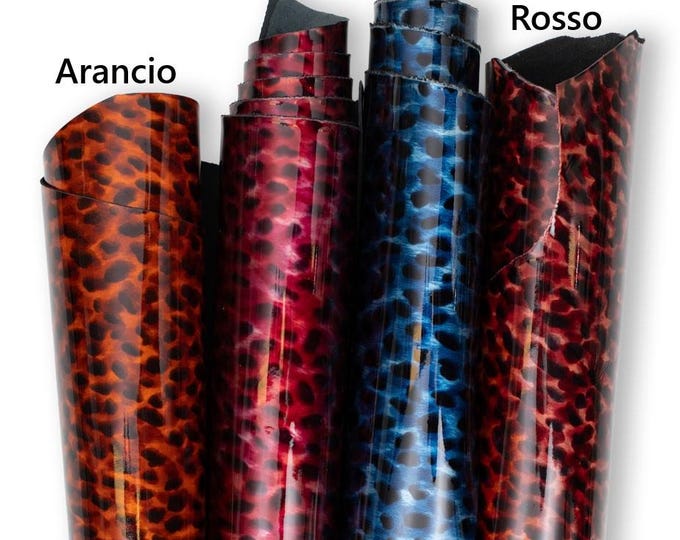 LEOPARD textured PATENT leather skin, animal printed goatskin, cheetah pattern on glossy hide, ideal for diy projects B19256-ST La Garzarara