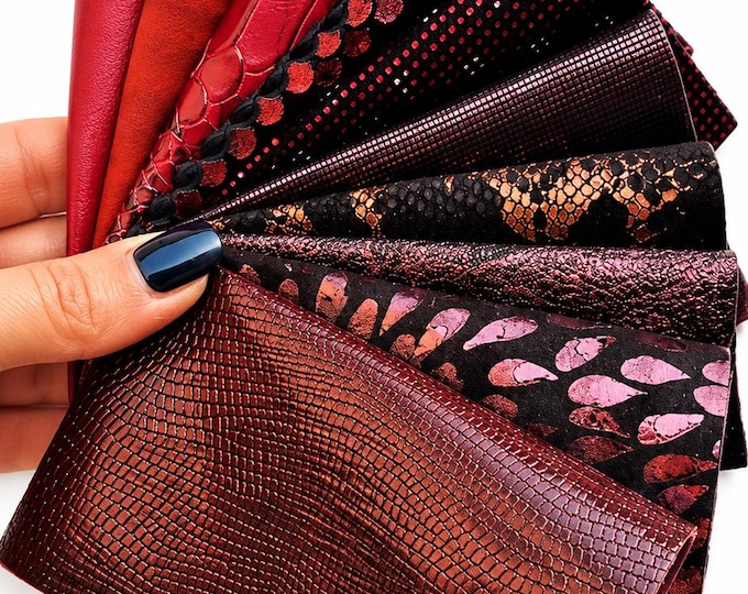 Burgundy Leather Scraps, Red Black Bronze Leather Offcuts, Reptile Metallic Pieces for Earrings and Crafts R100  La Garzarara