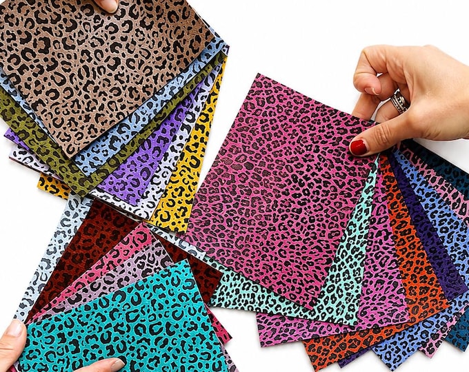 Colorful Leopard Print Leather Scraps, Multicolor Animal Print Offcuts, Random Assorted Cheetah Pieces for Crafts and DIY 6x5"  15x12 RT73/B